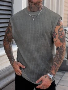 Manfinity CasualCool Men's Simple Solid Color Textured Wide Shoulder Tank Top, Perfect For Beach Trips In Summer - Grey - View 4