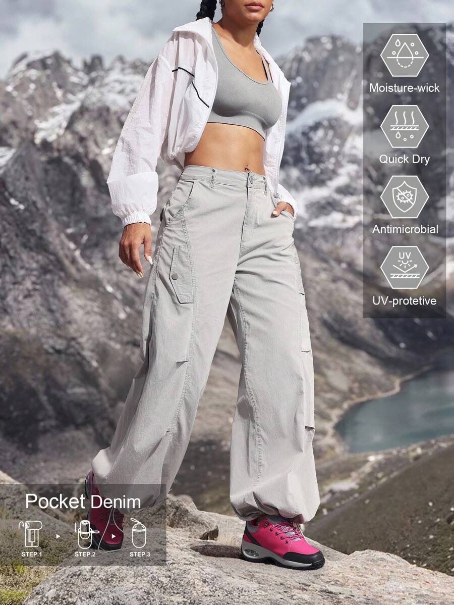Women's Loose Fit Pockets Drawstring Waist Casual Denim Pants Outdoor Pants For Hiking Sun Protection Lightweight Quick Dry Hiking - Grey - View 1