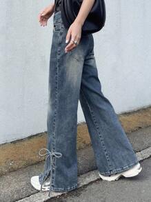 FRIFUL 女式休闲喇叭牛仔裤，带口袋和系带下摆设计 - 藍色 - 查看 3