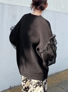 FRIFUL Women's Round Neck Loose Mesh Patchwork Casual Loose Sleeve Frill Trim Sweater, Halloween Costume, Autumn - Black - View 5