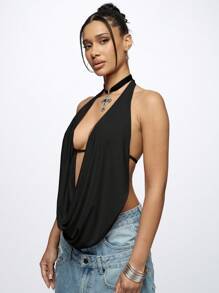 SUMWON WOMEN 优雅垂坠式露背围脖前部派对俱乐部上衣现代晚间节日风格 - 黑色 - 查看 5