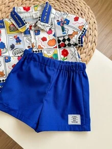 SHEIN 2 件套婴儿男童/女童休闲百搭可爱卡通图案短袖 Polo 衫和松紧腰短裤适合夏季、春夏穿着