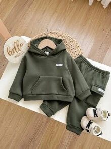 2件套男婴可爱军绿色连帽卫衣带口袋和松紧腰裤套装，秋冬季 - 彩色 - 查看 5