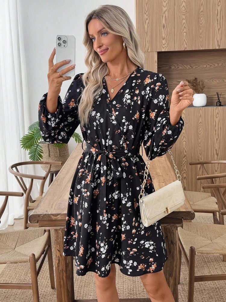 Women's Floral Print Overlap V-Neck Lantern Sleeve Fashionable Mini Dress Long Sleeve Floral Dress Elegant Floral Dress