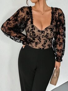 Firerie 加大码舒适休闲优雅度假百搭灯笼抽绳长袖连体裤，网眼，植绒拼接，带骨胸罩杯，紧身弹力，适合女式，春夏季 - 黑色 - 查看 7