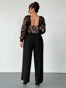 Firerie 加大码舒适休闲优雅度假百搭灯笼抽绳长袖连体裤，网眼，植绒拼接，带骨胸罩杯，紧身弹力，适合女式，春夏季 - 黑色 - 查看 3