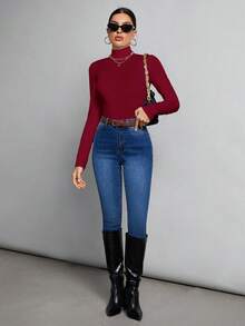 SHEIN Tall Simple Solid Color Slim High Collar White Top Suitable For Autumn And Winter,Red Top - Burgundy - View 4