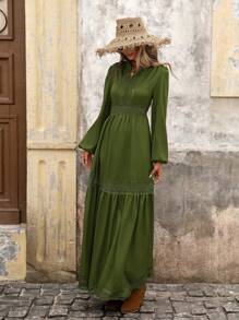 Brillora 女式纯色简约长袖休闲连衣裙 - 橄欖綠 - 查看 6