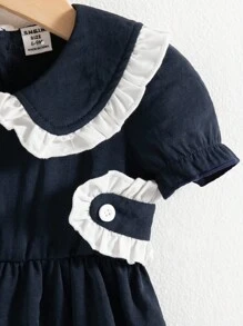 Souflis Souflis Baby Girl Elegant Academy Sweet Navy Blue & White Ruffle Peter Pan Collar Puff Sleeve Dress, Suitable For School, Everyday Wear, And Photos, Summer - Navy Blue - View 6