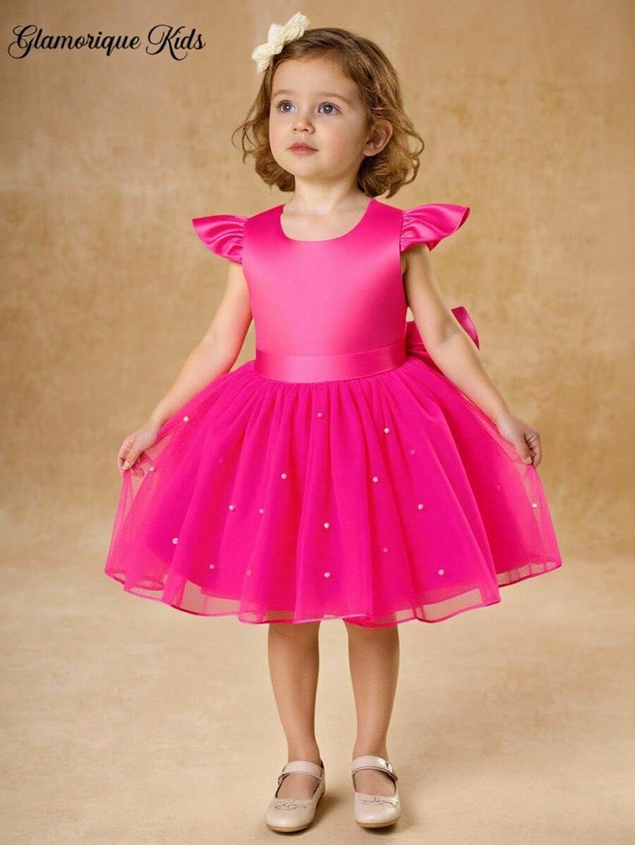 SHEIN Glamorique Kids 圣诞节/万圣节派对穿公主裙，适合女孩，白色缎面盖袖，荷叶边珍珠网眼裙，可拆卸缎面蝴蝶结后背，适合生日、婚礼、舞台表演、派对、正式场合 - 玫紅色 - 查看 1