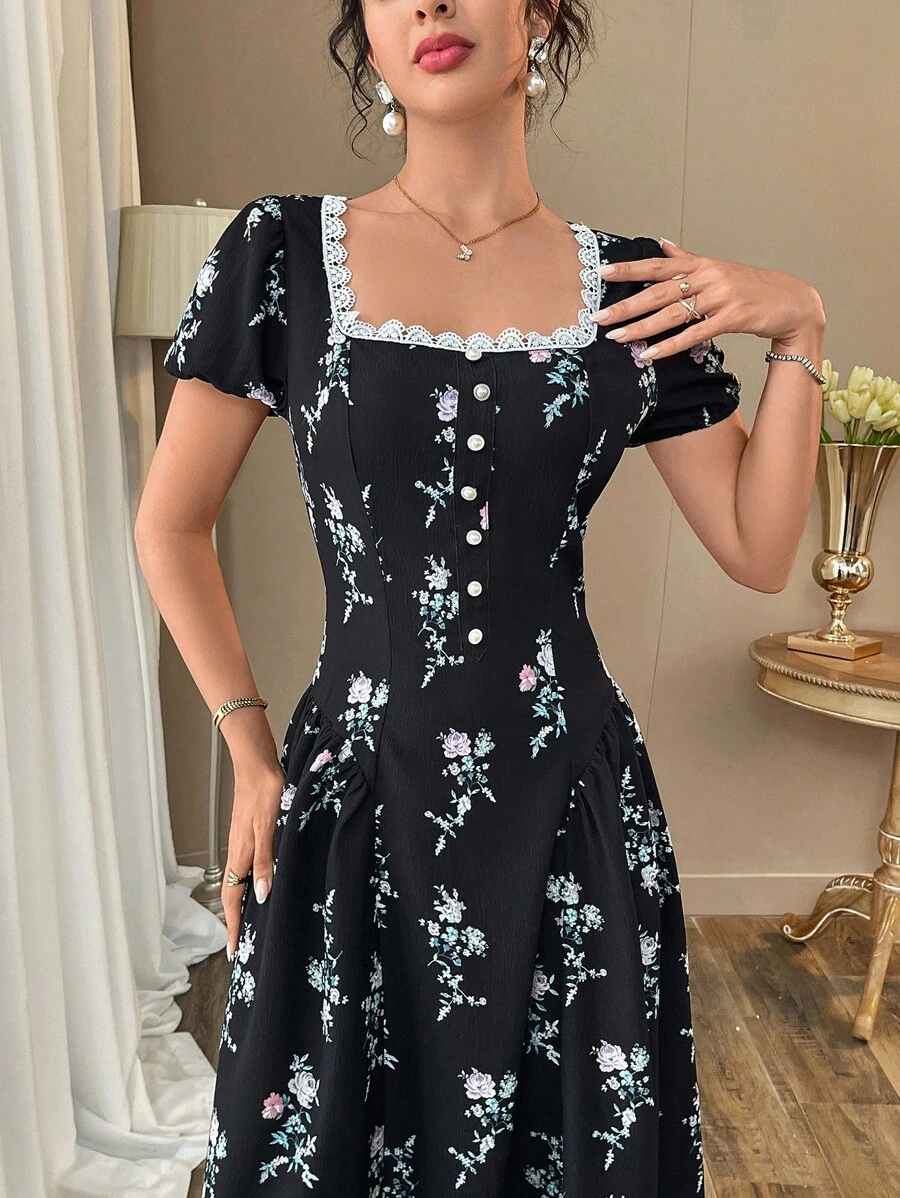 Modelyn 女士优雅花卉印花长裙，夏季 - 黑色 - 查看 1