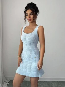 Elenzga Sleeveless Square Neck Waist Cinched Bodycon Elegant Romantic Sexy Mini Dress, Perfect For Summer Vacation - Blue - View 4