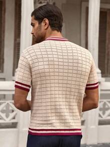 Manfinity VCAY Camisa de punto de manga corta para hombre, cuello polo, perforada de dos colores, suéter ajustado de moda personalizado, camisas de ganchillo para hombre, camisa de punto para hombre, camisa retro para hombre, camisa de punto para hombre, camisa de resort para hombre, para otoño e invierno - Albaricoque - Ver 3