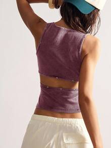 Bohemela 休闲复古美式露背纯色针织方领金属镂空设计修身短款女式背心 - 酒紅色 - 查看 7