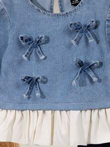 SHEIN Vintaside Kids 女宝宝韩版优雅3D蝴蝶结时尚套装，秋冬 - 藍色 - 查看 7