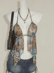 SHEIN ICON 复古豹纹露背挂脖无袖上衣，侧开衩下摆