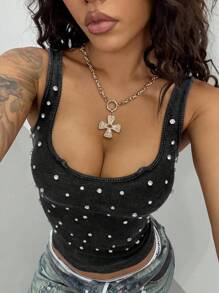 StreetHx 女式哥特式做旧复古街头风格修身背心，饰有水钻