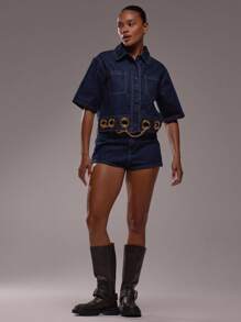 MUSERA 宽松版型镂空下摆短袖牛仔外套，秋季返校季可爱优雅酷女孩性感日常冬季派对休闲装扮时尚春夏 - 中等水洗藍 - 查看 3
