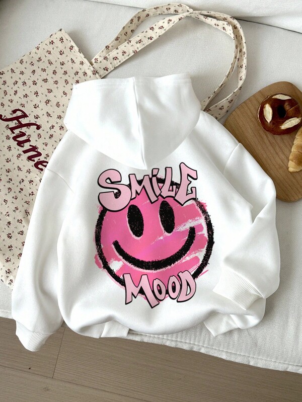 SHEIN Tween Girl Casual Cute Cartoon Face "Smile Mood" Print White Long Sleeve Thick Hoodie Sweatshirt, Suitable For Back To School, Autumn/Winter