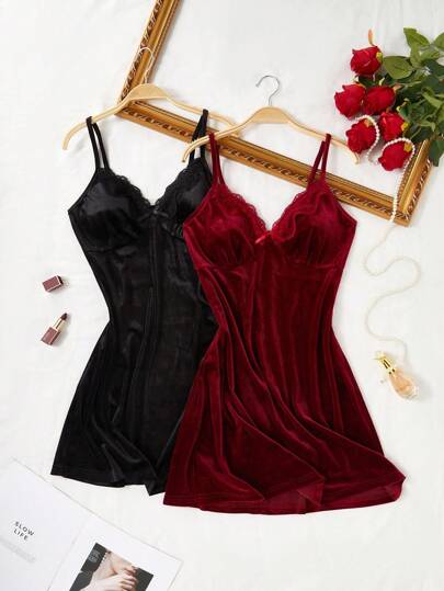 Elegante Fluwelen Kanten Camisole Nightgown Set, Sleep Lingerie Dress, Fall Clothes, Cozy view 6