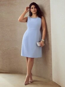 MOTF PREMIUM ROCHIE PÂNĂ LA GENUNCHI, CU DECOR CU MĂRGELE, FĂRĂ MÂNECI, MĂRIME PLUS - Bleu - Vizualizare 5