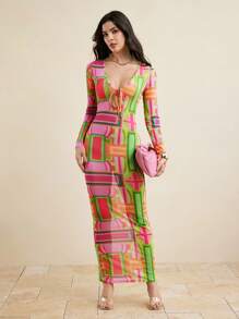 Abeille Creations Váy maxi dài tay cổ chữ V thấp in họa tiết hình học trừu tượng nhiều màu - Nhiều màu - Xem 5