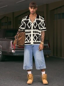 AXEPEAK 男士几何图案镂空短袖单排扣针织上衣