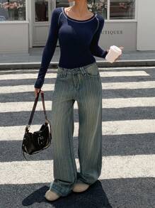 DAZY Women's Round Neck Seam Decor Fitted Casual Long Sleeve T-Shirt