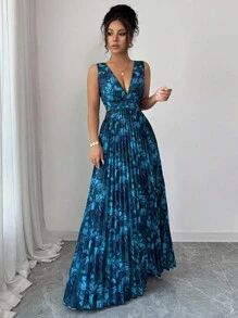 Elenzga 无袖 V 领腰部镂空 A 字形褶皱花卉优雅浪漫女士连衣裙 - 彩色 - 查看 4