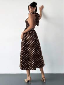 Firerie 女式复古波尔卡圆点 V 领露背喇叭腰中长连衣裙，适合情人节、音乐会、表演、约会、派对、婚礼、性感、优雅、通勤、返校、度假、海滩、浪漫 - 棕色 - 查看 8
