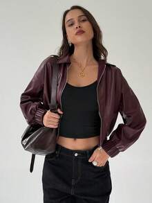 Aloruh Women's Solid Color Drop Shoulder Zip-Up Short Casual Jacket In Fall/Winter