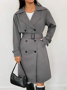 SHEIN PETITE 休闲时尚百搭通勤简约女式风衣秋冬灰色风衣 - 灰色 - 查看 5