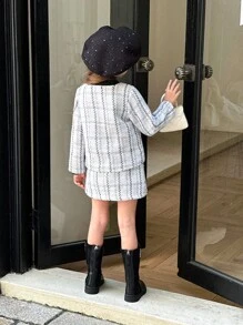 3 Stücke/Set Mädchen Karosakko, Rock & Rippstrick Rollkragenpullover mit Langarm, geeignet für Partys, Schule, Straßenmode, jede Gelegenheit - Verschiedenfarbig - Übersicht 2