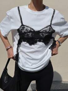 DAZY Débardeur court décontracté en patchwork de dentelle pour femmes - Blanc - Voir 1