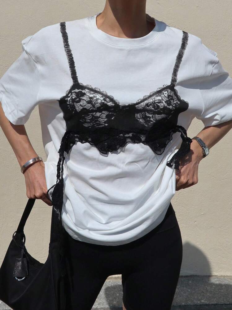 DAZY 女士休闲蕾丝拼布吊带短款上衣 - 白色 - 查看 1