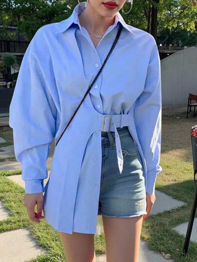 INAWLY Plus Size Light Blue Belted Loose Long Sleeve Shirt Fall Cloth For Women