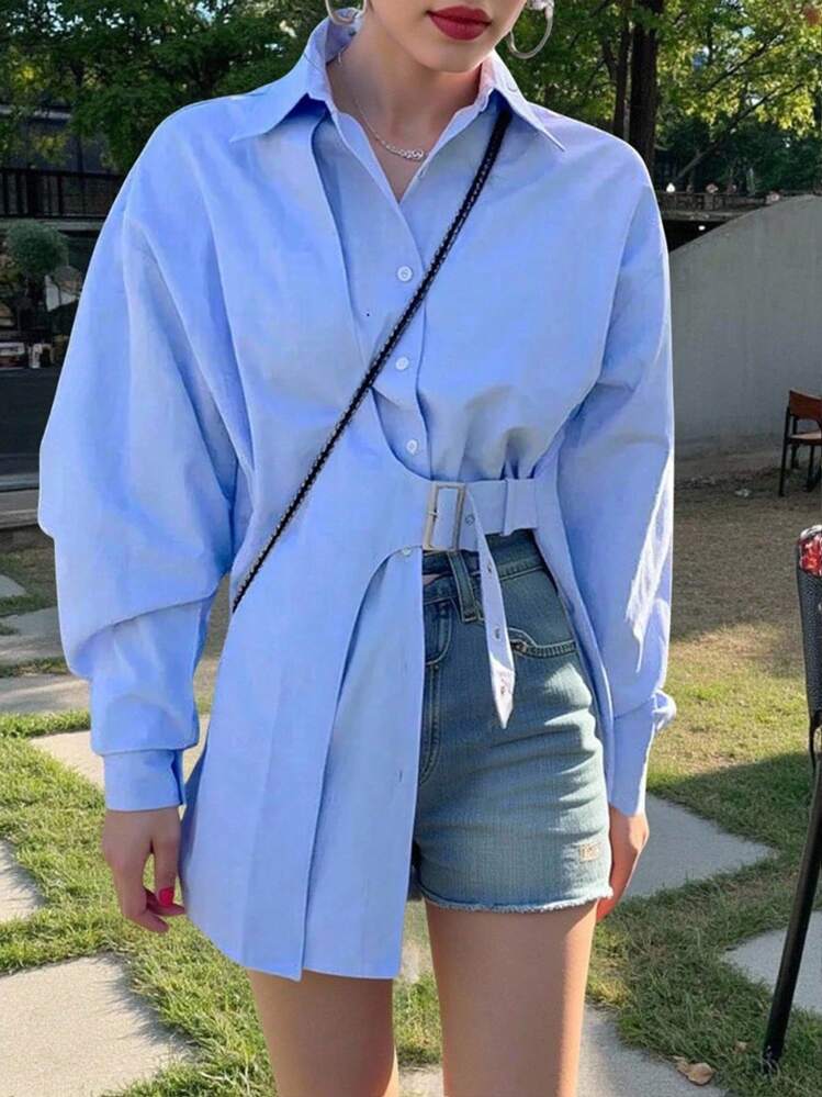 INAWLY Plus Size Light Blue Belted Loose Long Sleeve Shirt Fall Cloth For Women - Blue - View 1