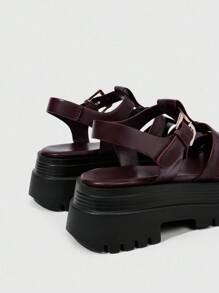 HighSole 女士黑色圆头厚底铆钉一脚蹬拖鞋，休闲时尚街头风格凉鞋 - 酒紅色 - 查看 8