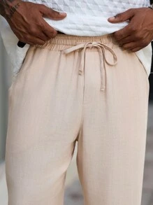 Manfinity Homme 男士休闲纯色抽绳腰裤男人造丝裤子男宽松裤子奶油色裤子男 - 卡其色 - 查看 4