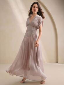 Anewsta Women's V-Neck Short Sleeve Beaded Chain Pleated Waist Elegant Long Dress, Summer - Dusty Purple - View 4