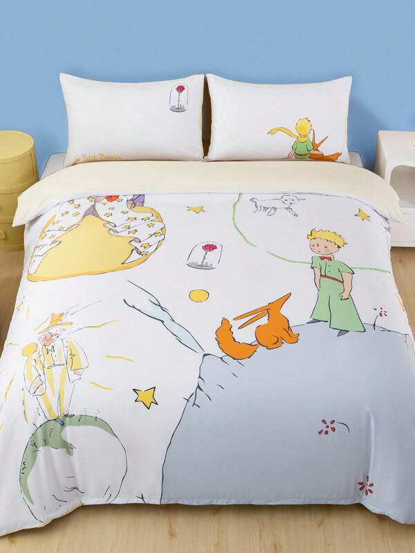 LE PETIT PRINCE X SHEIN 3pcs Cartoon Print Bedding Set, Brushed Fabric, Soft & Warm, White Duvet Cover, King, Fox, Rose, Star & Moon Patterns, Multiple Sizes Fit Twin/Full/Queen/King Beds
