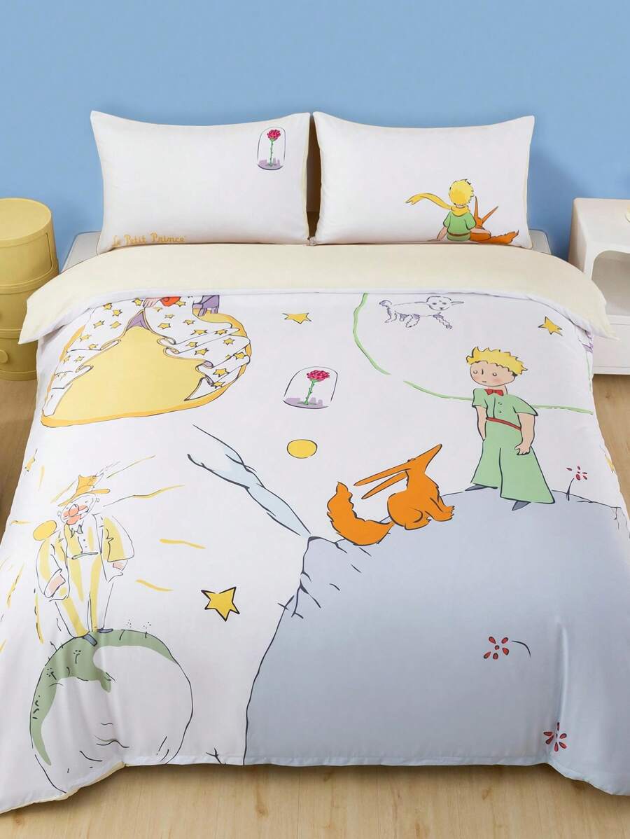 LE PETIT PRINCE X SHEIN 3 قطع طقم نوم مطبوع بالرسومات الكرتونية، قماش مخملي ناعم ودافئ، غطاء لحاف أبيض، مقاس كينج، بنمط الثعلب والورود والنجوم والقمر، متعدد المقاسات يناسب أسرّة توين/فول/كوين/كينج