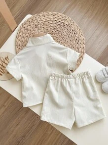 2pcs Baby Boy Summer Casual Korean Style Cute Letter Print Stand Collar Top Jacket And Shorts Set - Multicolor - View 2