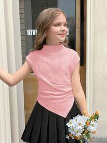 SHEIN 青少年女孩休闲针织纹理修身立领褶饰不对称下摆短袖上衣，适合春夏季 - 淺粉色 - 查看 3