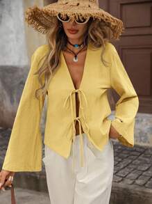Brillora Women's Loose Fit Woven Flared Long Sleeve Casual Shirt,For Summer Vacation, Women Summer Clothing,Cute Summer Top,European Summer - Yellow - View 7