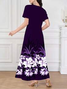 Modelyn 紫色 V 领女式夏季针织短袖花卉印花连衣裙，可作为外套或内衣/工作服穿着，美丽的白色花朵下摆印花，适合约会、休闲、派对、度假，女士夏装，女士长裙。花卉长裙/优雅花卉长裙 - 紫色 - 查看 2