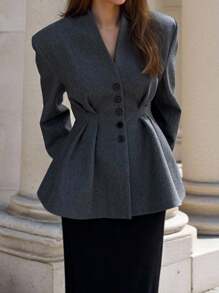 INAWLY Women's Solid Color Waist Cinched Commuter Jacket Fall Winter Cloth For Women - Grey - View 5