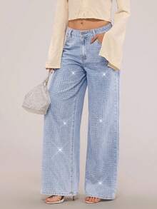 SHEIN Forever 21 复古水洗散钻细节直筒牛仔裤春季中腰牛仔裤节日夏季下装水钻牛仔裤 - 淺藍色 - 查看 5