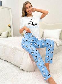 Panda & Slogan Graphic Tee & Pants PJ Set / Pajama Set - Multicolor - View 8