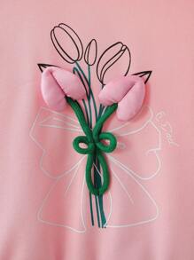 女童休闲粉色郁金香刺绣拉链连帽夹克，秋季 - 粉色 - 查看 7